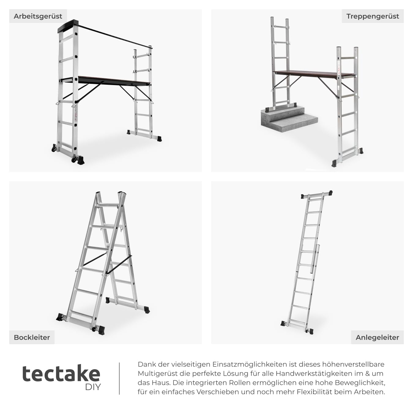 TecTake Gerüst, Leiter 4 in 1, Mobile Mehrzweckleiter, Arbeitsbühne, Baugerüst, Alu Gerüst, Rollgerüst mit Arbeitsplattform, Haushaltsleiter, belastbar bis max. 150 Kg - Silber