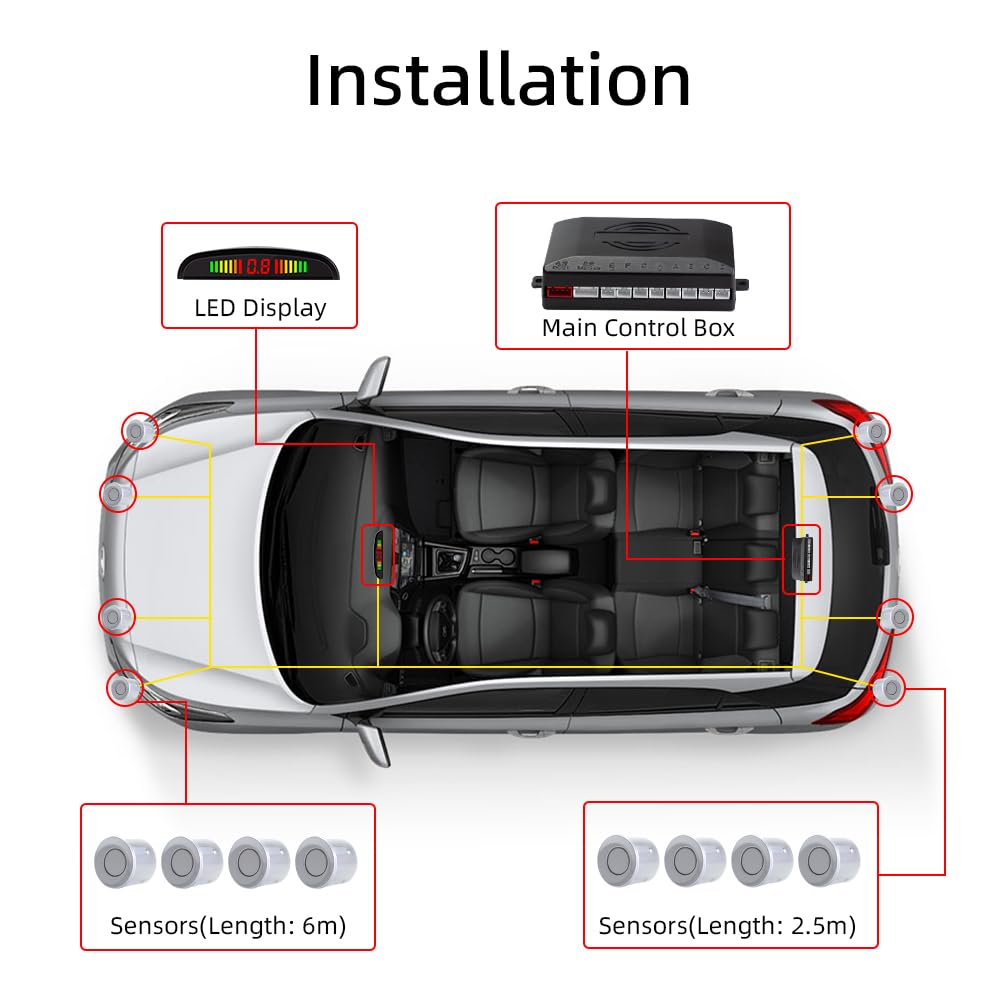 Einparkhilfe mit 8 Vorne Hinteren Parksensoren mit Summer LED-Anzeige (8 Sensoren, Silber)