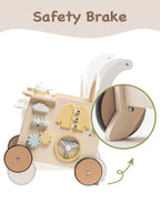 ROBUD Holz lauflernhilfe Baby Walker, 2-In-1 Puppe Lauflernwagen mit Montessori Busy Activity Board für Motorik, Sicherheitsbremse Spielzeug Laufwagen, Geschenk für Kleinekinder ab 10 Monate+