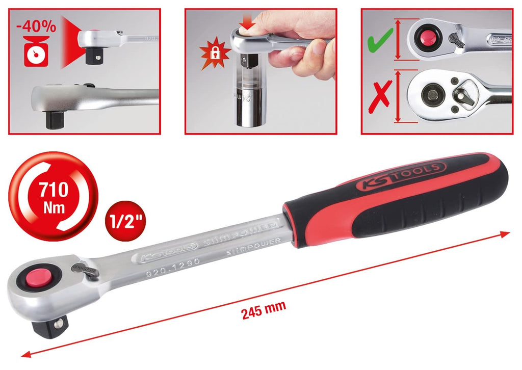 KS Tools 920.1290 1/2" SlimPOWER Umschaltknarre,72 Zahn