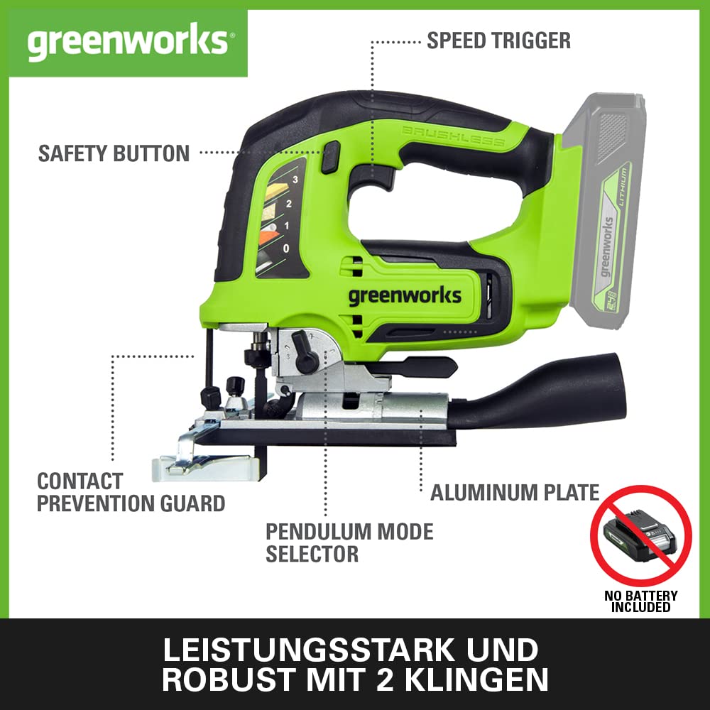 Greenworks GD24JS Akku Stichsäge, 3000spm, verstellbarer Sockel bis 45°, Saugaufsatz OHNE 24V Akku & Ladegerät, 3 Jahre Garantie