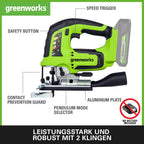 Greenworks GD24JS Akku Stichsäge, 3000spm, verstellbarer Sockel bis 45°, Saugaufsatz OHNE 24V Akku & Ladegerät, 3 Jahre Garantie