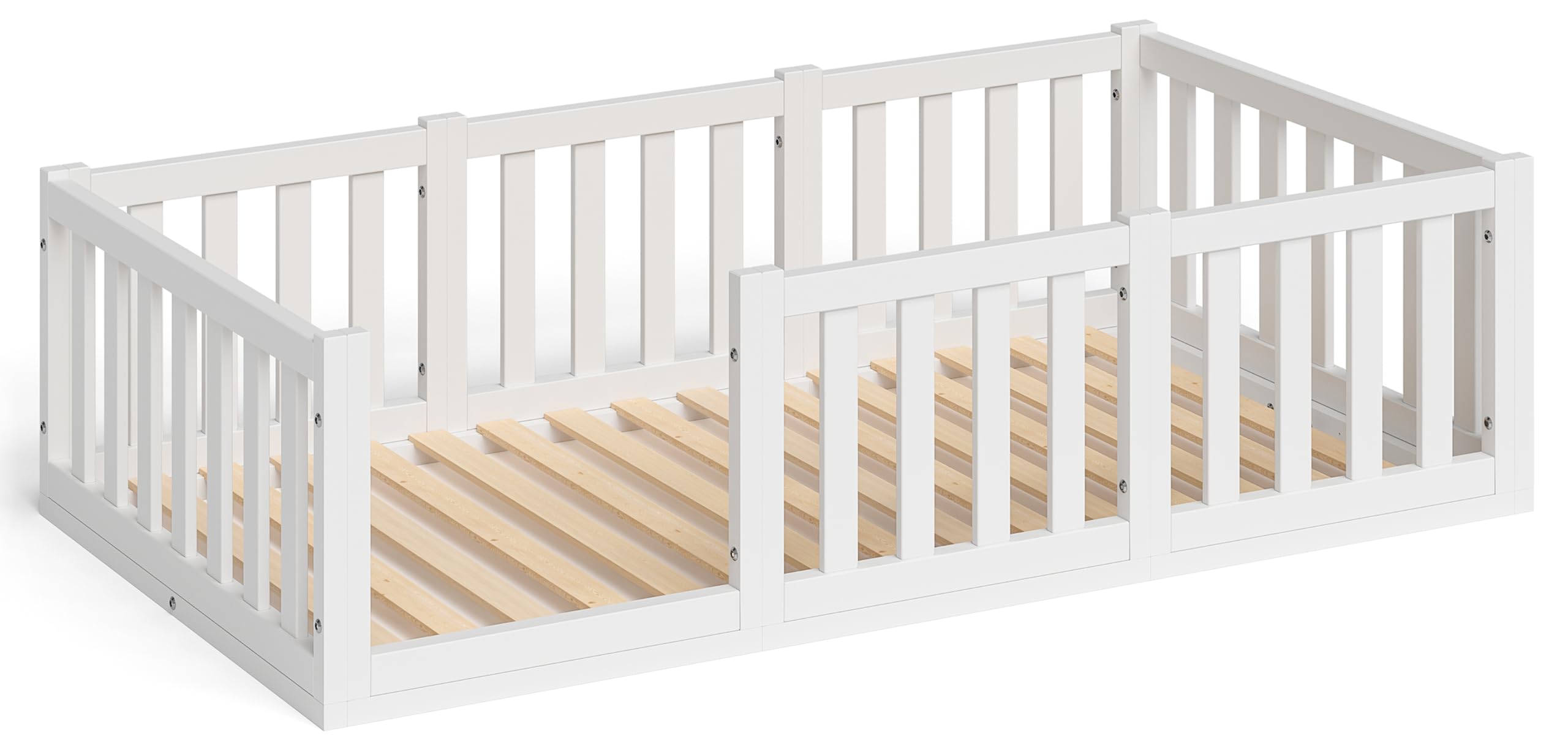 Bellabino Tapi Bett 80x160 cm, Kinderbett mit Rausfallschutz, inklusive Lattenrost, Montessori Bodenbett für Jungen und Mädchen aus Kiefer Massivholz, weiß lackiert, Bed