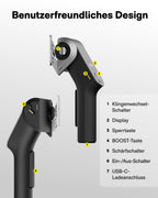 HOTO EdgeFlow Elektrisch Kartonschneider mit Titanklinge & LED-Display, Elektrische Schere, Selbstschleifend & Werkzeugloser Einfacher Klingenaustausch, Sicherheitsriegel für Karton, Teppich, Leder