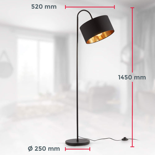 B.K.Licht - Stehlampe Vintage mit Fußtaster, Lampenschirm aus Stoff, schwenkbar, Leselampe, Deko Wohnzimmer, Lampe, Deckenfluter, Bogenlampe, Standleuchte, Industrial, 25x145 cm, Schwarz-Gold