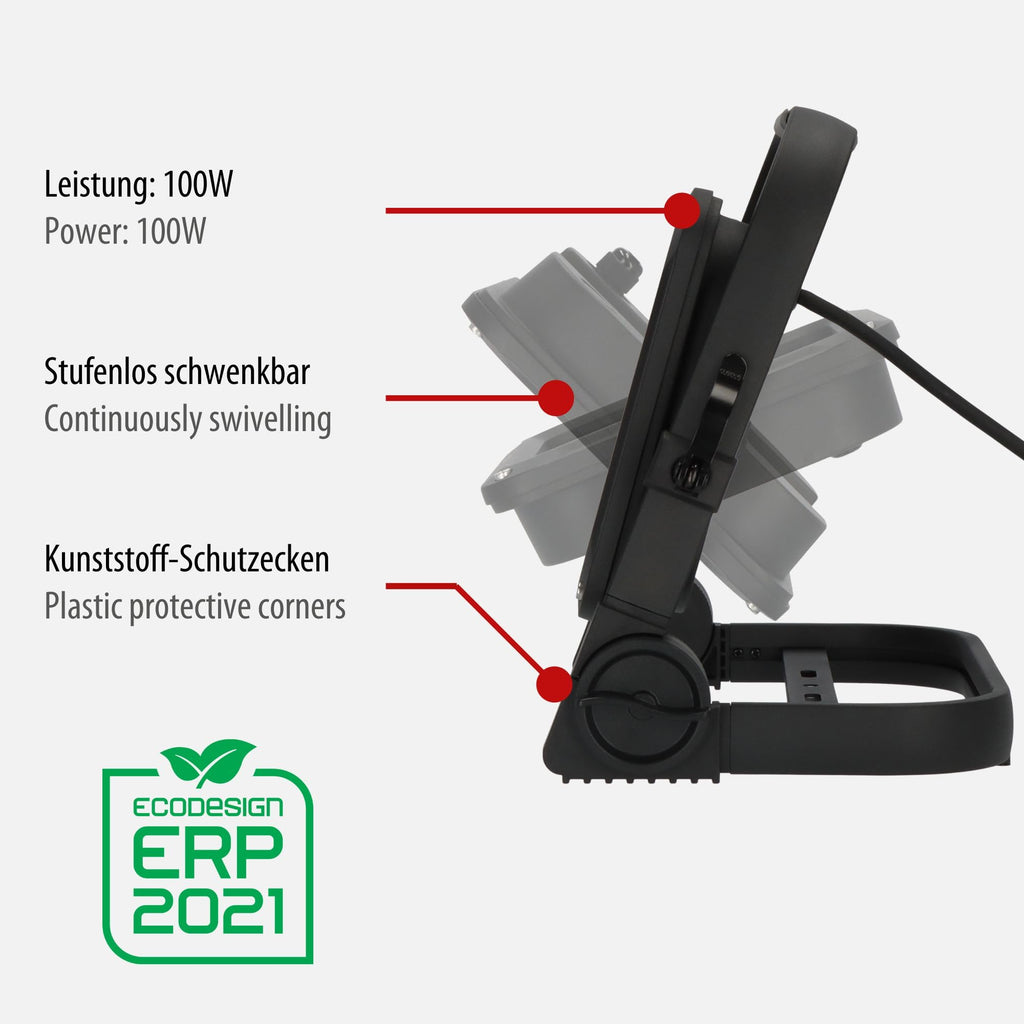 Brennenstuhl LED Baustrahler JARO 14060 M (100W, 11500lm, 6500K, IP65, 5m Kabel, dimmbar, LED Arbeitsstrahler mit Schnellspannverschluss)