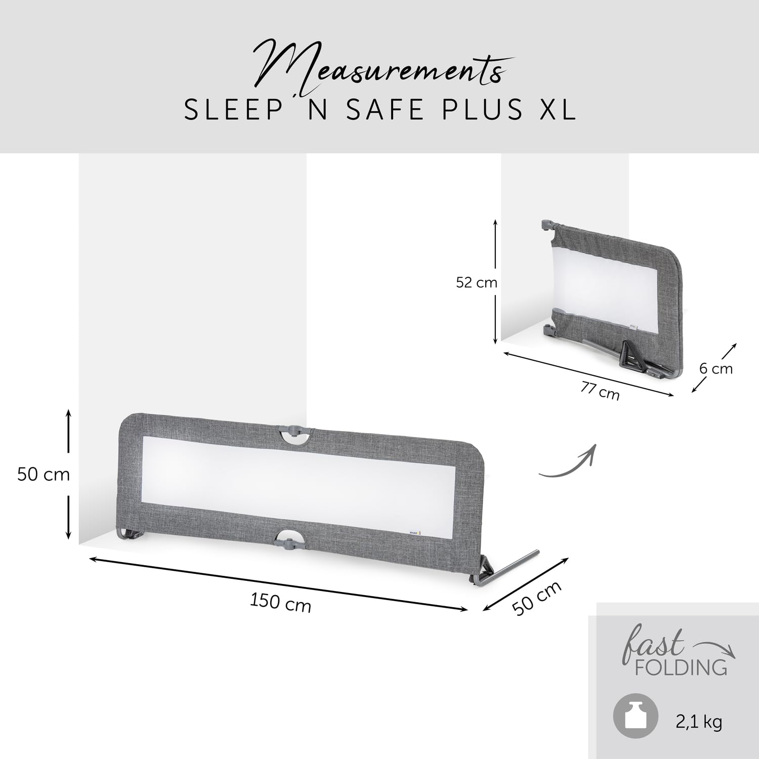 hauck Bettschuztgitter Sleep N Safe Plus XL für Kinder 18 Monate bis 5 Jahre, Großer Rausfallschutz Bett für Elternbett 150 x 50 x 44 cm, Faltbar, Tragbar, Bettgitter für Kleinkinder (Melange Grey)