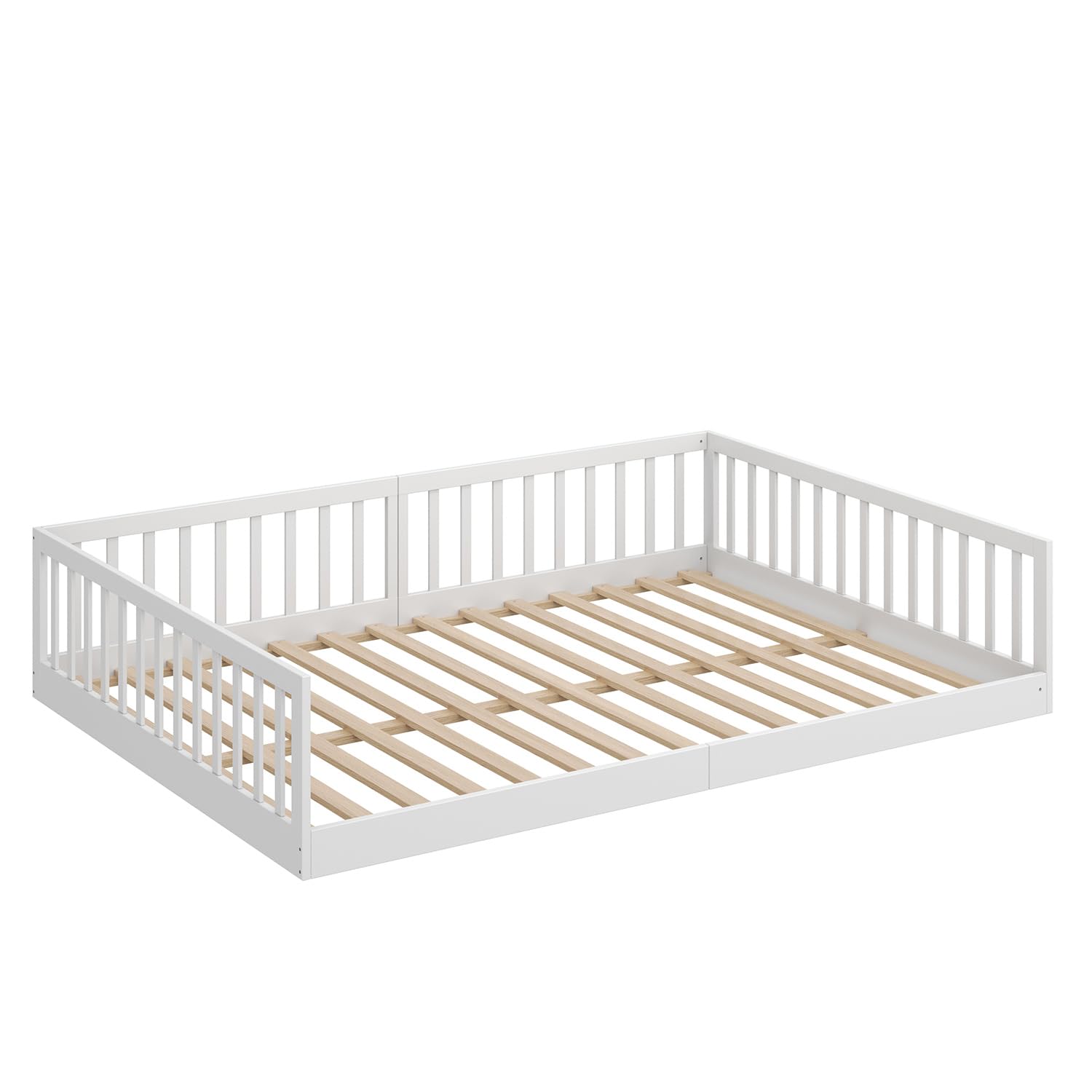 CADANI Timi Kinderbett 140x200 cm Bodenbett, Rausfallschutz abnehmbar, bis 200 kg belastbar, Roll-Lattenrost, Montessori Kiefer Massivholz Bett, 3 Aufbauvarianten, Umbaubar, Weiß