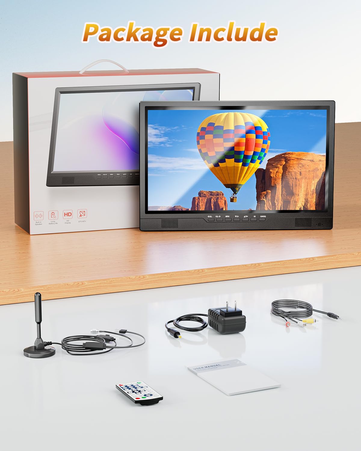 DESOBRY 19-Zoll Fernseher, 1080P Kleiner Fernseher DVB-T2-Tuner mit Antenne, Wiederaufladbarer TV HDMI AV USB Eingang, Tragbarer 12V TV für Camping, Wohnmobil, küchen