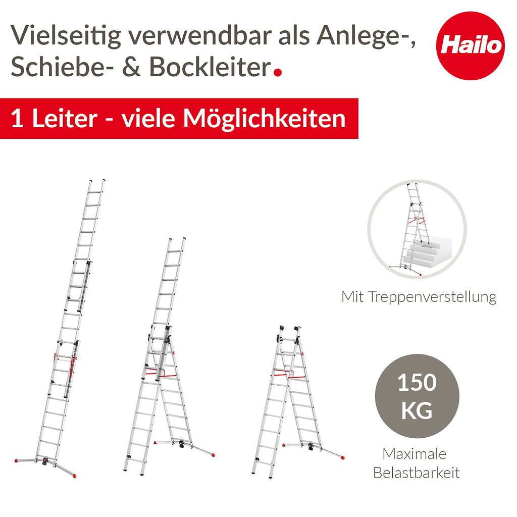 Hailo S100 ProfiLOT 3-teilige Alu-Kombileiter mit LOT-System - gleicht Unebenheiten aus - 2 x 9 + 1 x 8 profilierte Sprossen belastbar bis 150 kg - Aluleiter made in Germany - Leiter rostfrei - silber