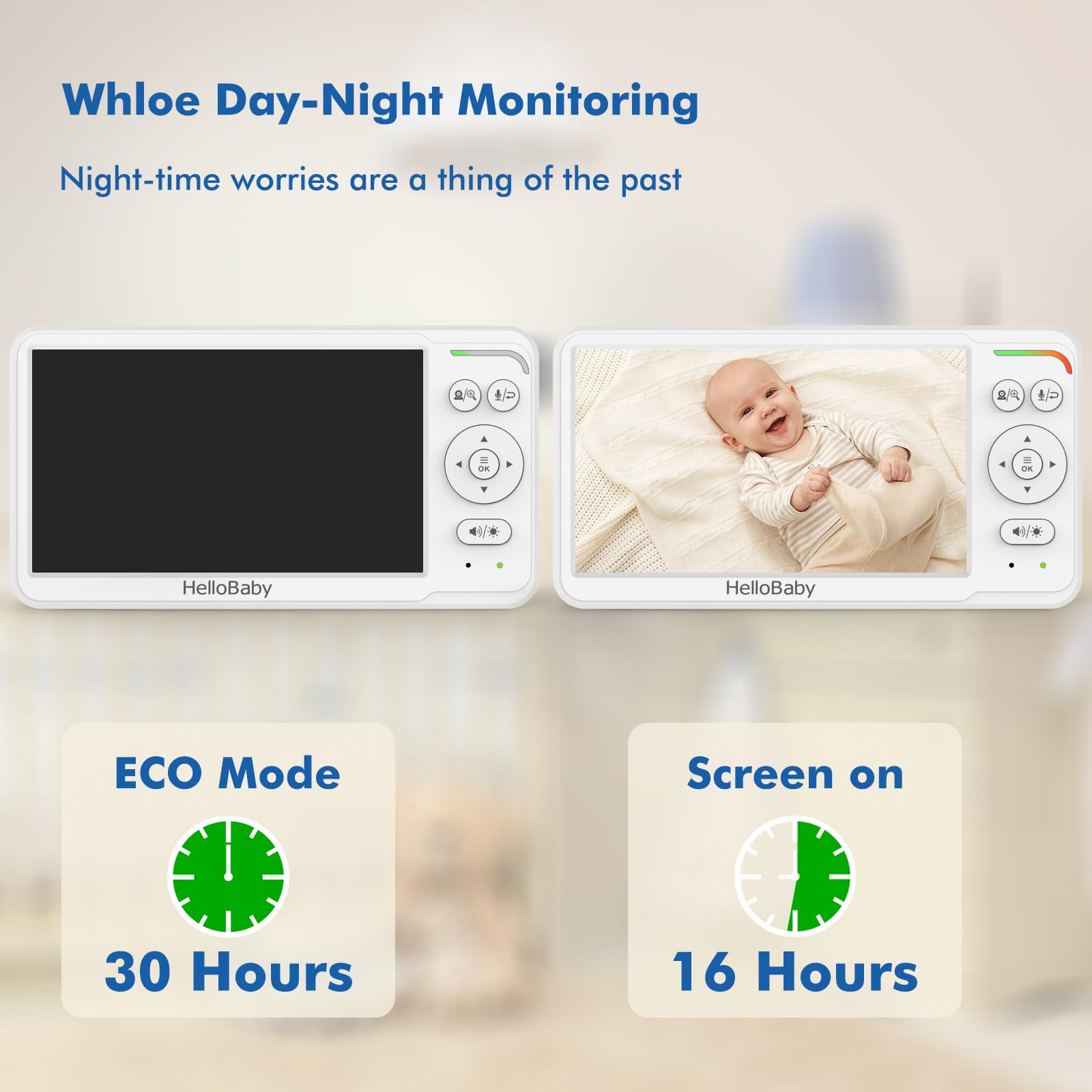 HelloBaby 6 Zoll Baby Monitor mit Kamera & Teilbild-Funktion, 4000mAh Akkulaufzeit, 355°/120° Schwenk & Neige, Nachtsicht, Kein WLAN, Temperaturalarm & Schlaflieder, ECO, Kein WLAN