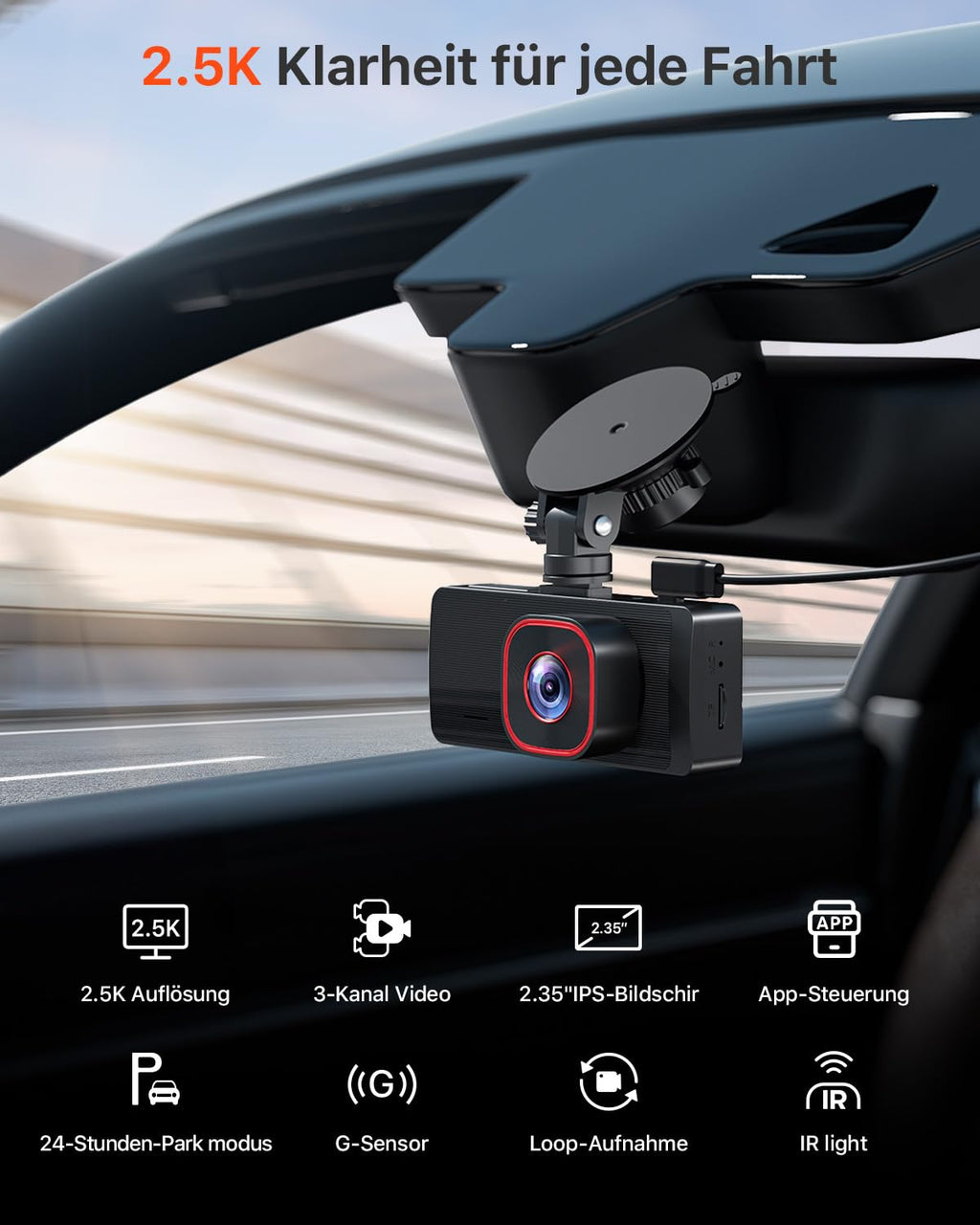 Bestsee 2.5K Dashcam Auto Vorne Hinten und Innen, 2,35" IPS-Bildschirm Dashcam Auto, mit 64GB SD-Karte, 24H Parküberwachung, WDR Nachtsicht, G-Sensor, Loop-Aufnahme, Sichtwinkel（170°+150°+150°）
