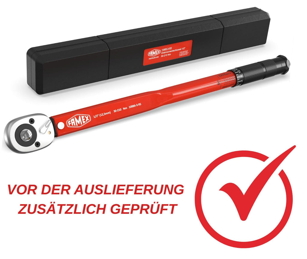 FAMEX 10886-3-RS Drehmomentschlüssel 1/2" (12,5mm) - 30-210 Nm - Schoneinsätze aus Chrom-Molybdän-Stahl - schlagfest - inkl. Verlängerung Adapter - für Auto, Motorrad, Van