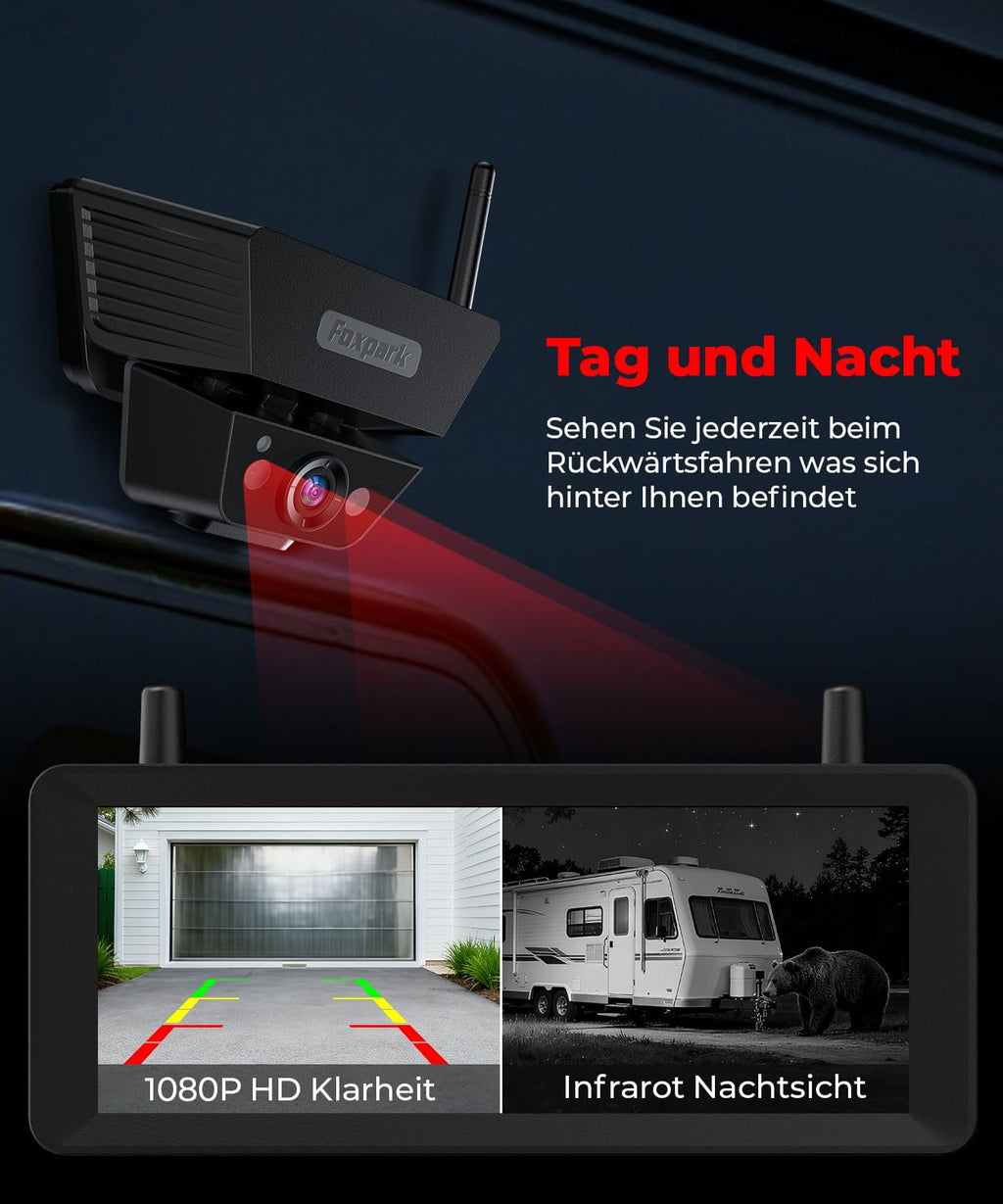 Solar Rückfahrkamera Kabellose 7,2 Zoll 1080P HD : Split Screen Monitor mit Starkem Signal Schnelle 1 Min Installation DVR Aufnahme Tragetasche Rückfahrkameras für Wohnmobil, LKW, Anhänger, Camper