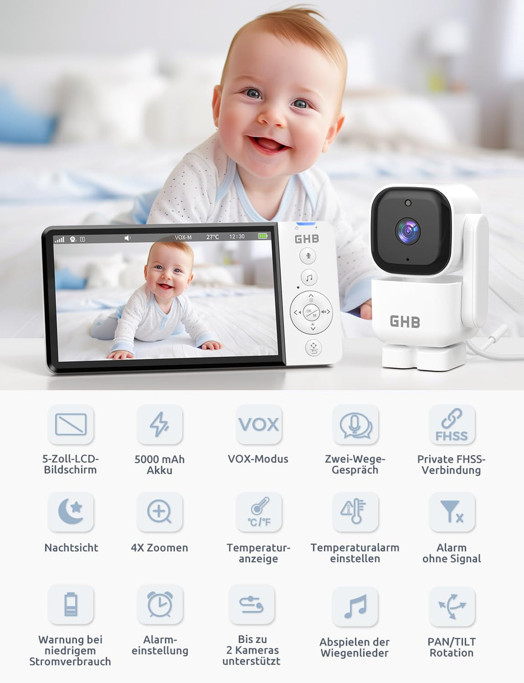 GHB Babyphone mit Kamera 5 Zoll 350° Rotation 5000mAh 720P Nachtsicht VOX-Modus Digitalzoom GegensprechfunktionTemperaturanzeige ABM720C
