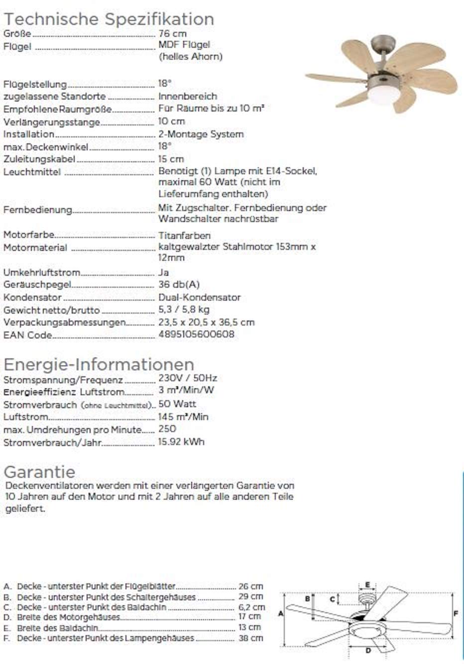 Westinghouse Lighting 76 cm Deckenventilator Turbo Swirl 78158 mit Einzelleuchte und sechs Flügeln, Ausführung in Titan mit Opalmilchglas, 7815840, Titanium