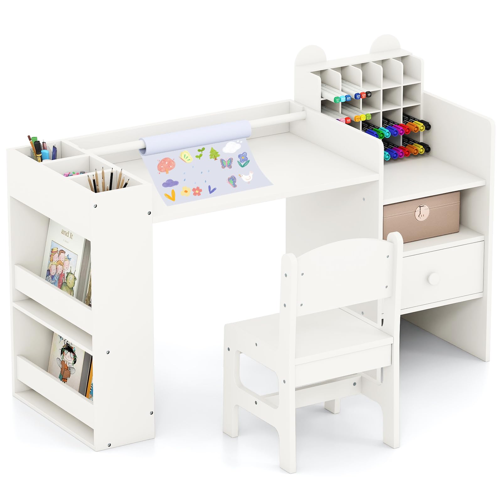 COSTWAY Kinder Tisch Stuhl Set, Maltisch mit abnehmbarem Papierrollenhalter & Fächerschrank, Kindertisch mit Stauraum, Regalen & Schublade, Kindersitzgruppe für Kinder ab 3 Jahren