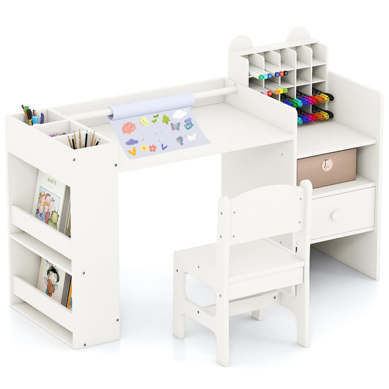 COSTWAY Kinder Tisch Stuhl Set, Maltisch mit abnehmbarem Papierrollenhalter & Fächerschrank, Kindertisch mit Stauraum, Regalen & Schublade, Kindersitzgruppe für Kinder ab 3 Jahren