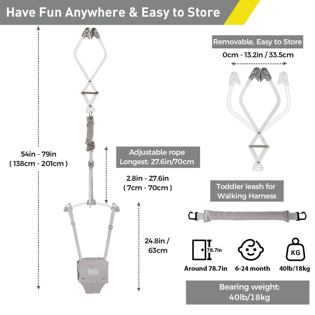 FUNLIO 2-in-1 Baby-Türspringer mit Türklemme und Laufgurt für 6-24 Monate. Stabiler Sprungmechanismus mit verstellbarem Gurt, einfach zu montieren und zu verstauen - Grau