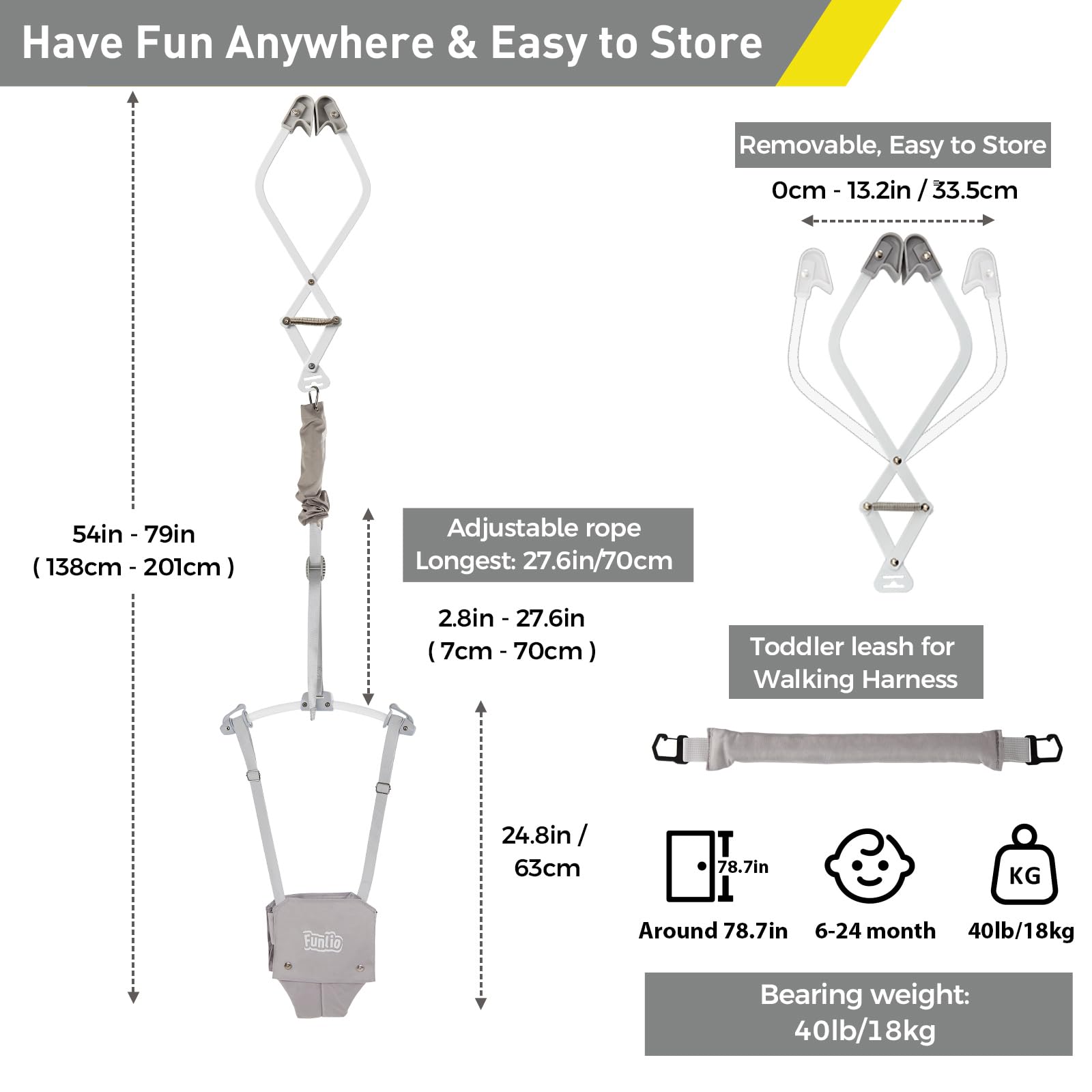 FUNLIO 2-in-1 Baby-Türspringer mit Türklemme und Laufgurt für 6-24 Monate. Stabiler Sprungmechanismus mit verstellbarem Gurt, einfach zu montieren und zu verstauen - Grau