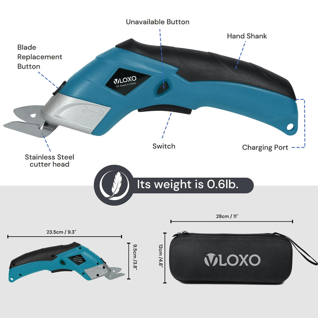 VLOXO Elektrische Schere Kabelloser Schneider mit 2 Schneidklingen für Handwerk zum Schneiden von Karton Leder Teppich Topfpflanze Blumen wiederaufladbare Kartonschneider mit Ladengerät Blau