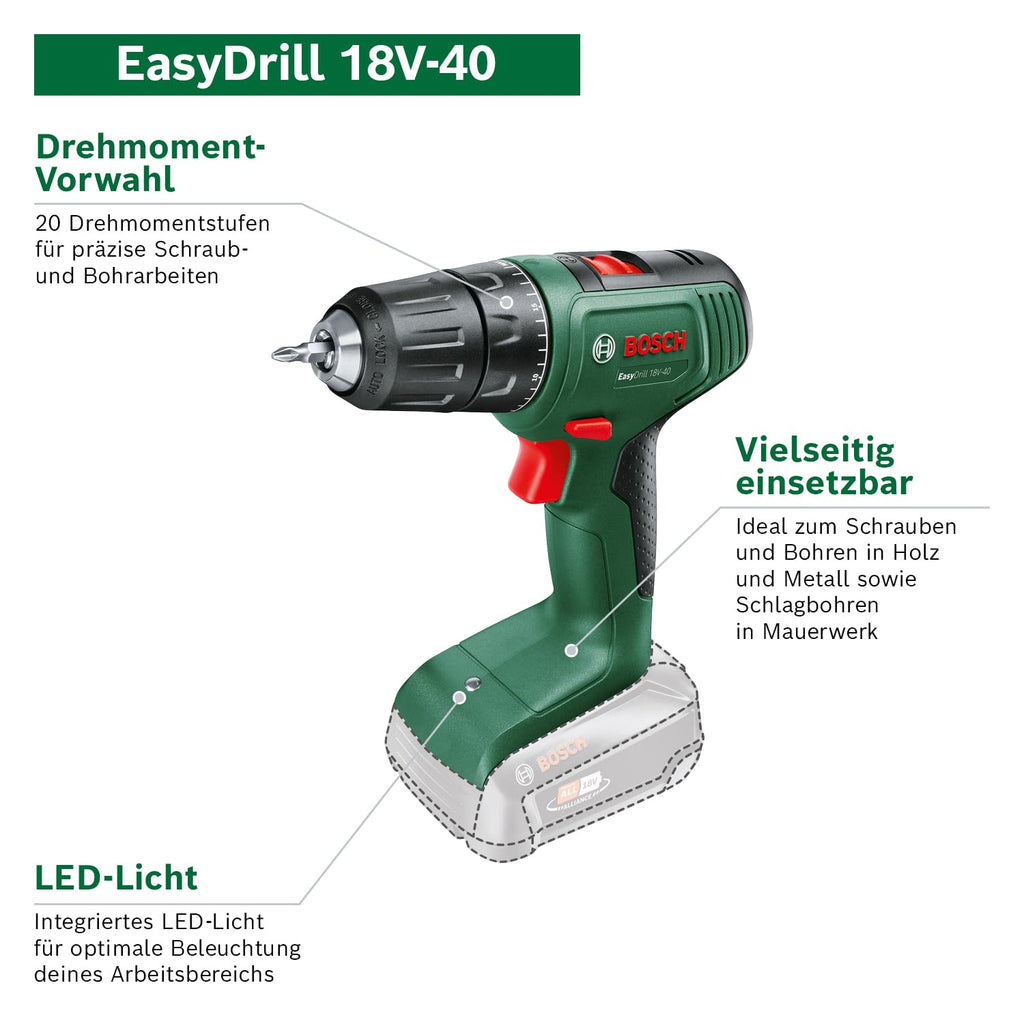 Bosch Akkuschrauber EasyDrill 18V-40 (2 Akku 2,0 Ah, 18 Volt System, im Koffer)