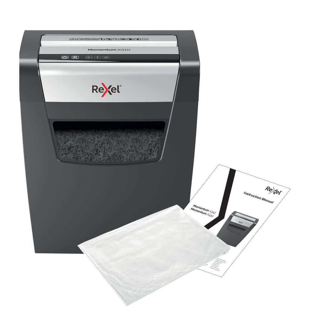 Rexel Aktenvernichter Momentum X410, Partikelschnitt, 11-10 Blatt A4 (70-80 g/m²) Kapazität, Sicherheitsstufe P4, 23L Abfallbehälter, Schredder, schwarz, 2104571EU