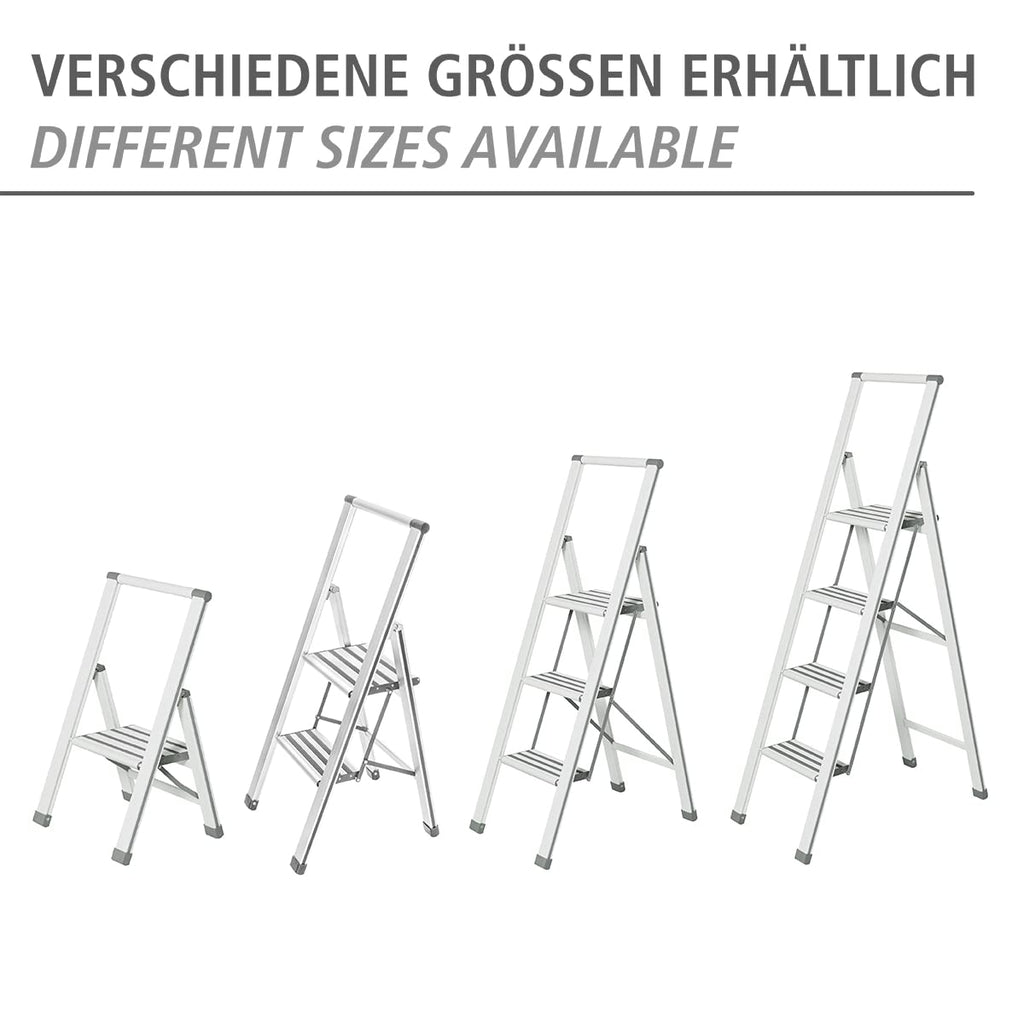 WENKO Leichte Aluminium Trittleiter mit 3 Stufen für 75 cm höheren Stand, rutschsichere XXL-Stufen, Design Klapptrittleiter, TÜV Süd Zertifiziert, 44 x 127 x 5,5 cm, Weiß
