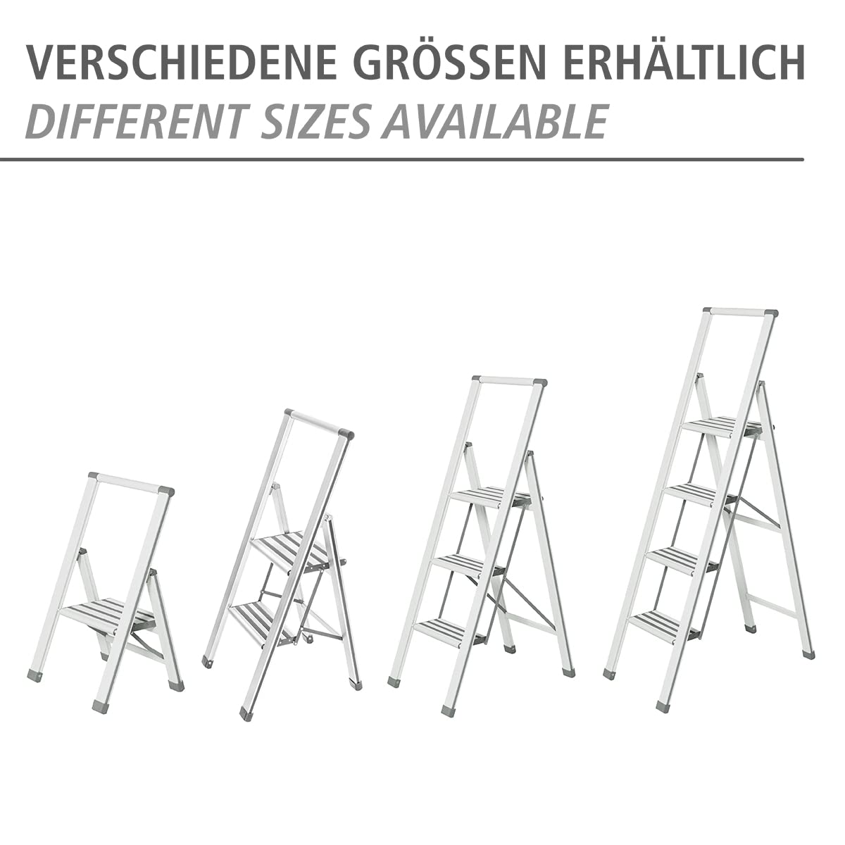 WENKO Leichte Aluminium Trittleiter mit 3 Stufen für 75 cm höheren Stand, rutschsichere XXL-Stufen, Design Klapptrittleiter, TÜV Süd Zertifiziert, 44 x 127 x 5,5 cm, Weiß