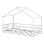 [en.casa] Kinderbett Knätten Hausbett Bodenbett 90 x 200 cm Holzbett für Kinder mit Rausfallschutz Bettgestell mit Lattenrost Kiefernholz Weiß