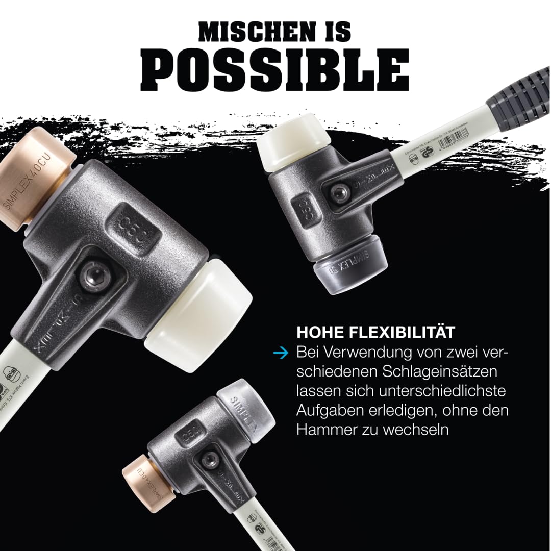 SIMPLEX-Schonhammer, Gummikomposition/Superplastik; mit verstärktem Tempergussgehäuse und Fiberglasstiel | D=60 mm | 3727.060