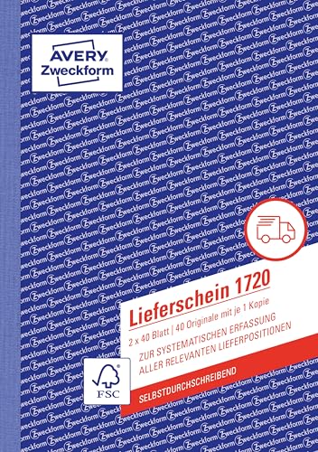 AVERY Zweckform 1720-5 Lieferschein (DIN A5, selbstdurchschreibend, 2 x 40 Blatt) im 5er Pack weiß, gelb