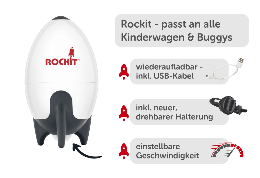 ROCKIT Kinderwagenschaukler -Das Original- Einschlafhilfe Baby wiederaufladbar (USB), stufenlos einstellbar & ultraleise mit 60-Min Timer -inkl. Halterung, Rocker Rakete schaukelt Kinderwagen & Buggy