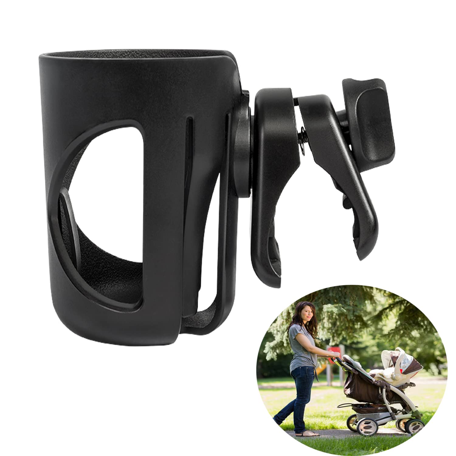 360 Grad drehbarer Getränkehalter für Kinderwagen & Fahrrad - Großer Durchmesser, entwickelt für Gehhilfe, Rollstuhl, Roller (Schwarz)