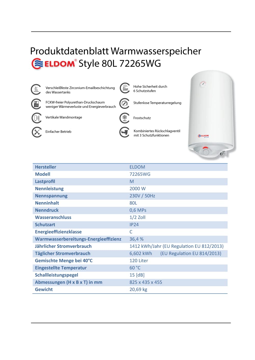 Warmwasserspeicher Warmwasserboiler Eldom Style 80L druckfest