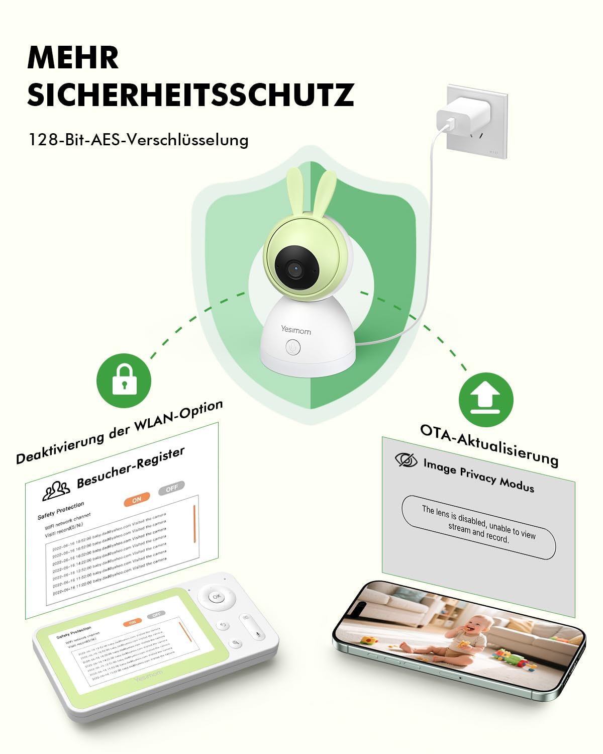 YESIMOM Babyphone mit Kamera 1080P HD PTZ 360°, 4.3" WLAN Baby Monitor mit App, IR Nachtsicht, 4X Zoom, Video Babyfon mit Bewegungs-/Geräuscherkennung, 2-Wege-Audio, Auto-Tracking, Bereichsalarme