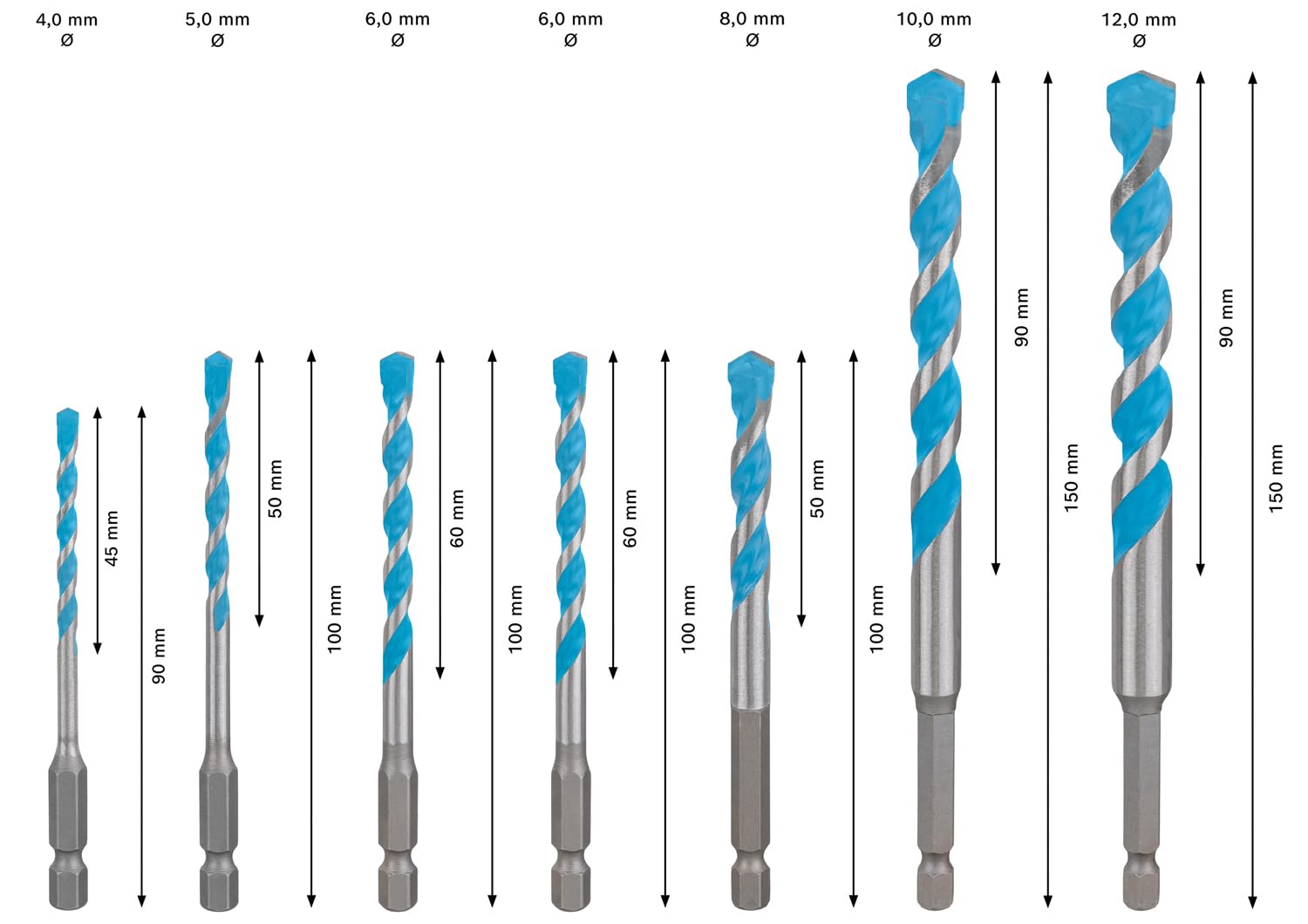 Bosch 7x EXPERT HEX-9 Multi Construction Bohrer-Set (für Beton, Weiche Fliesen, Ø 4-12 mm, Professional Zubehör Schlagbohrer, Schrauber, Bohrmaschine)