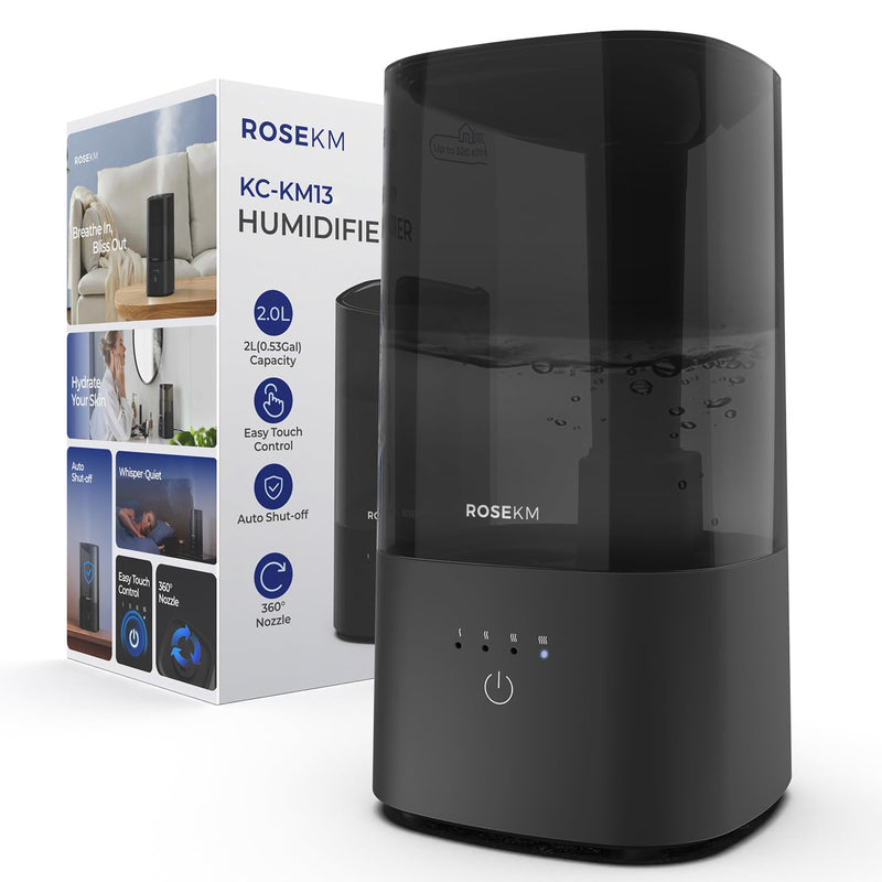 Roeskm Luftbefeuchter für Schlafzimmer, Kühlmist-Luftbefeuchter für zuhause, Pflanzen und Babyzimmer, leiser ultraschallbasiert mit 360°-Düse, automatischer Abschaltung, ohne Filter, schwarz