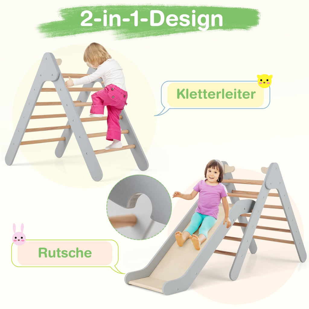 COSTWAY Kletterdreieck mit Rutsche, Klettergerüst aus Holz, Sprossendreieck zum Rutschen und Klettern, für Kinder ab 1 Jahre (Grau)