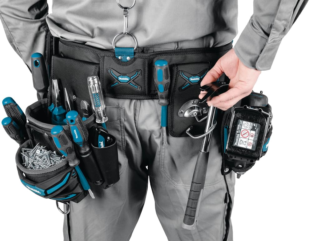 Makita E-15235 Super-Schwerlast-Hüftgurt-Set, bestehend aus Schwerlastgürtel, Schrauberholster, Hammerhalter, 2-Fächer-Werkzeugtasche, Smartphonetasche, Polyester, 880 x 310 mm (LxH)