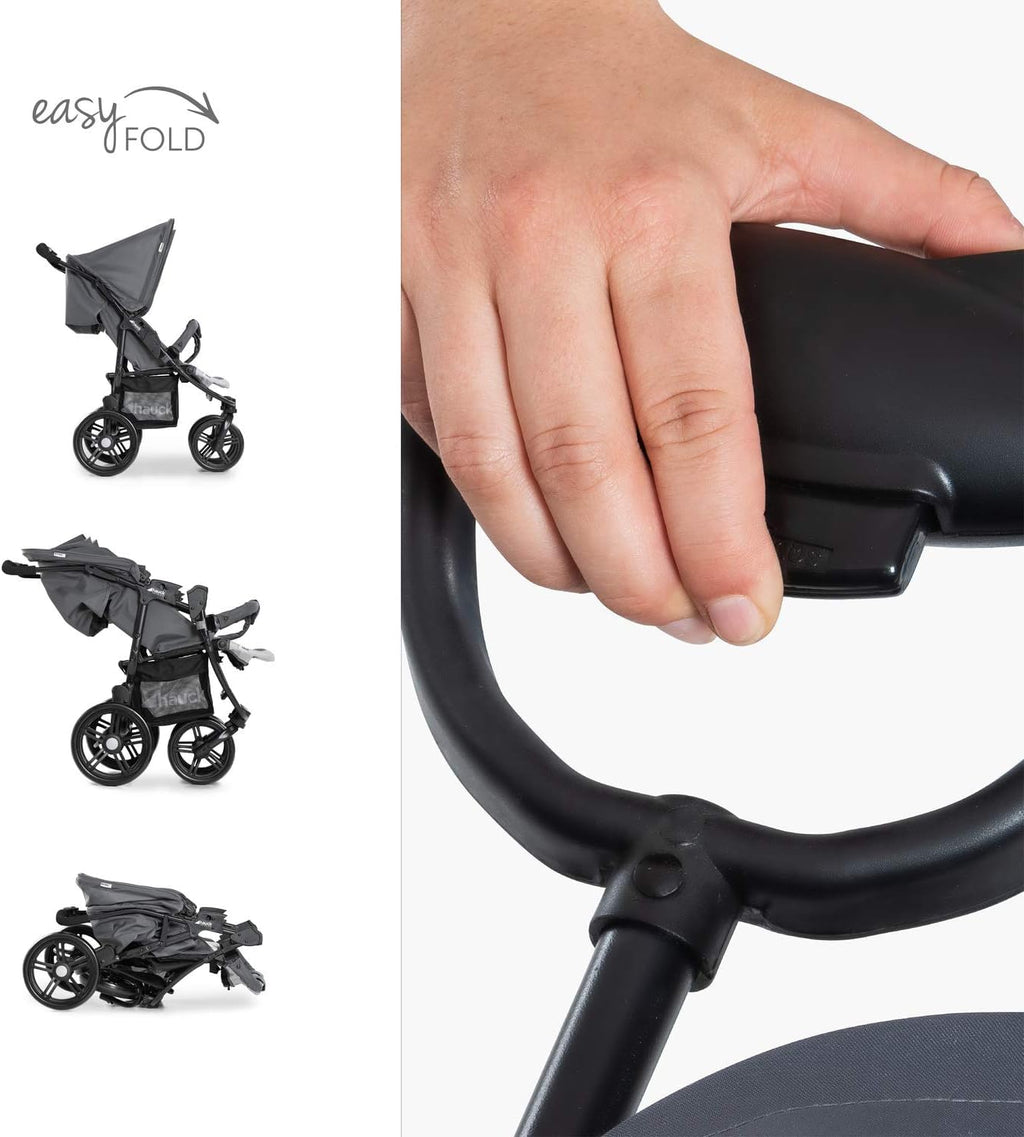 hauck Geschwisterwagen Roadster Duo SLX, Zwillingsbuggy ab Geburt bis 15 kg (ca. 3 Jahren) mit Liegefunktion, XL Korb, Einfach und Klein Zusammenklappbar, Große Räder (Grey/Silver)