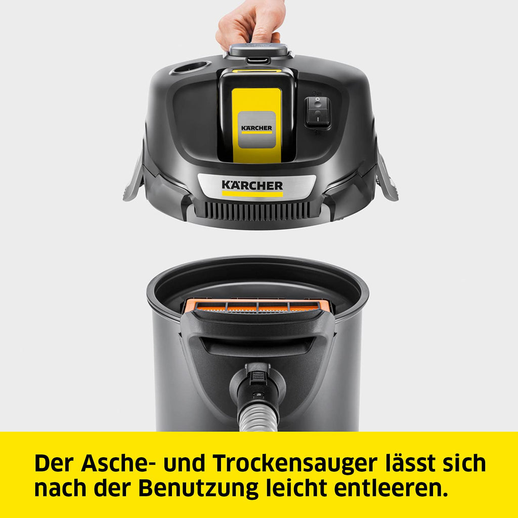 Kärcher 18 V Akku-Asche-Trockensauger AD 2 Akku ideal für die Reinigung von Kamin- Pelletöfen, flammhemmendes Material, 1-teiliger Filter, Saugschlauch, Behältergröße: 14 l, Leistung: 230 W, Schwarz
