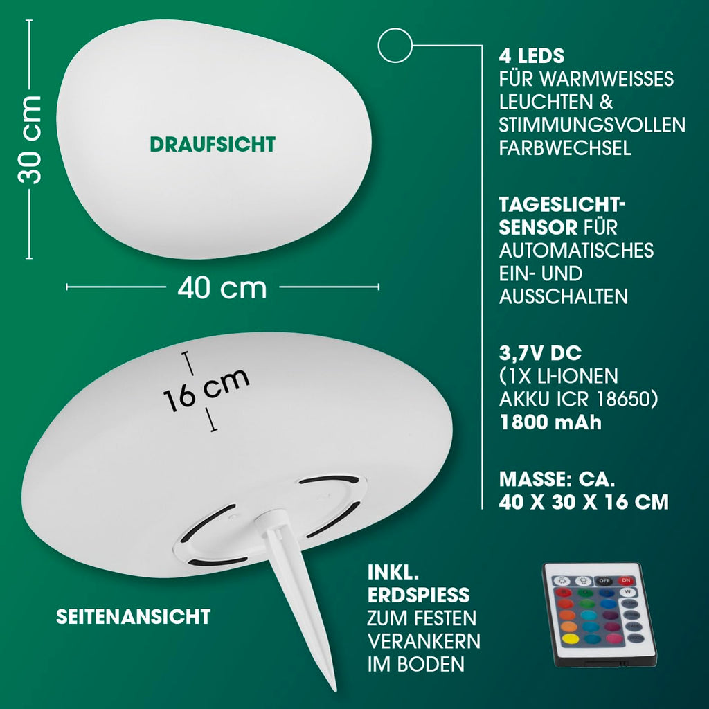 EASYmaxx LED Solarleuchte mit Fernbedienung | kaltweiße Leuchten mit Solarbetrieb & Farbwechsel | dimmbare Helligkeitsstufen, 12 Farben, 5 Leuchtmodi | inklusive Erdspieß & Dämmungssensor | Steinform