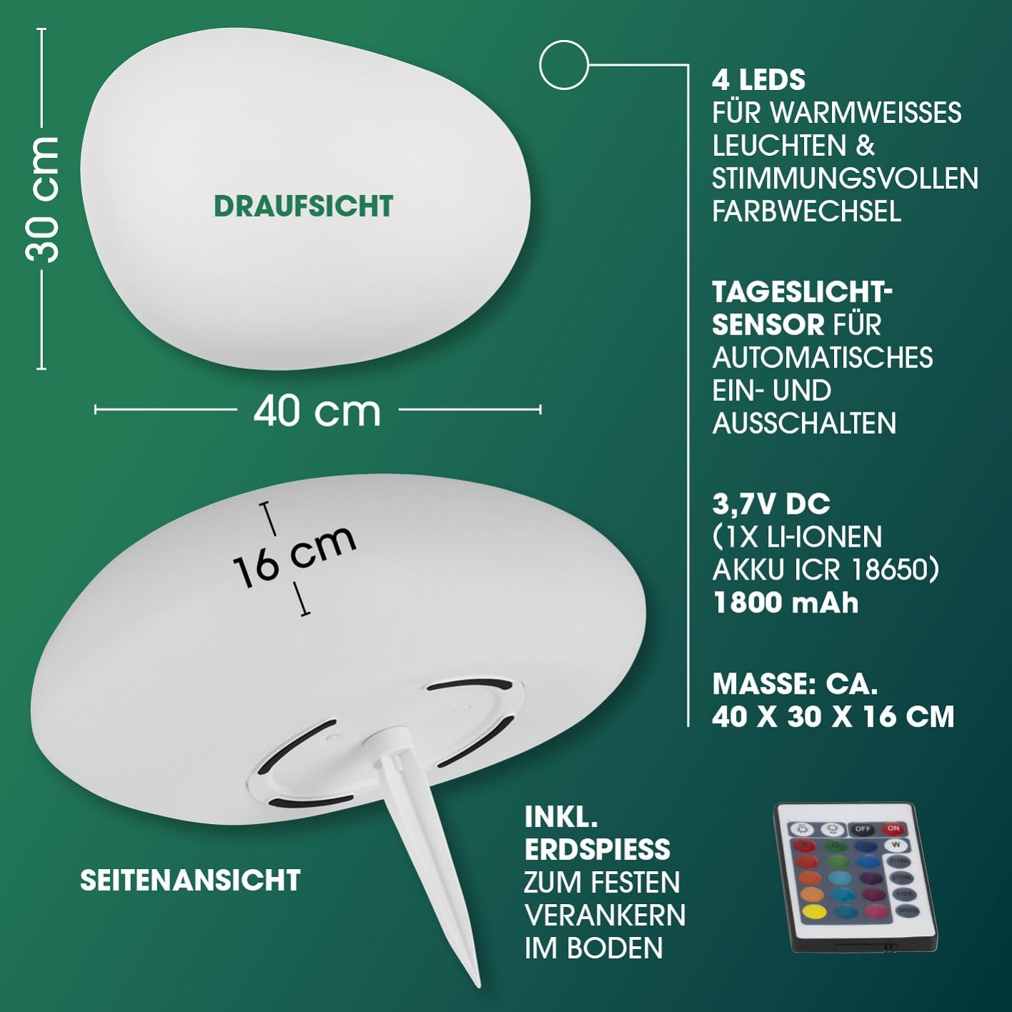 EASYmaxx LED Solarleuchte mit Fernbedienung | kaltweiße Leuchten mit Solarbetrieb & Farbwechsel | dimmbare Helligkeitsstufen, 12 Farben, 5 Leuchtmodi | inklusive Erdspieß & Dämmungssensor | Steinform