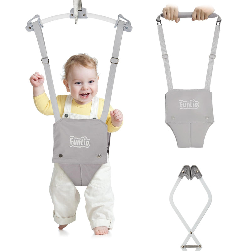 FUNLIO 2-in-1 Baby-Türspringer mit Türklemme und Laufgurt für 6-24 Monate. Stabiler Sprungmechanismus mit verstellbarem Gurt, einfach zu montieren und zu verstauen - Grau