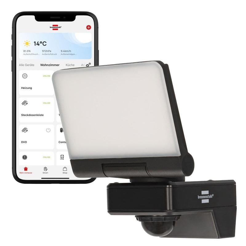 Brennenstuhl Connect WiFi LED Strahler WF 2051 P (24W, 2800lm, IP54, diverse Lichtfunktionen über App einstellbar, Außenstrahler zur Wandmontage mit Bewegungsmelder)