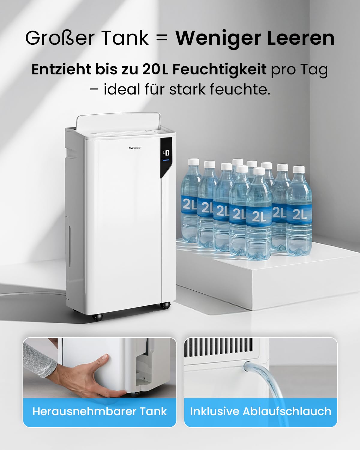 Pro Breeze 20L Smart Luftentfeuchter elektrisch - Luftentfeuchter mit Kompressor, Smart App Steuerung, Feuchtigkeitssensor, Luftfilter, Wäschemodus, Timer - Gegen Schimmel - Entfeuchter für bis 35m²