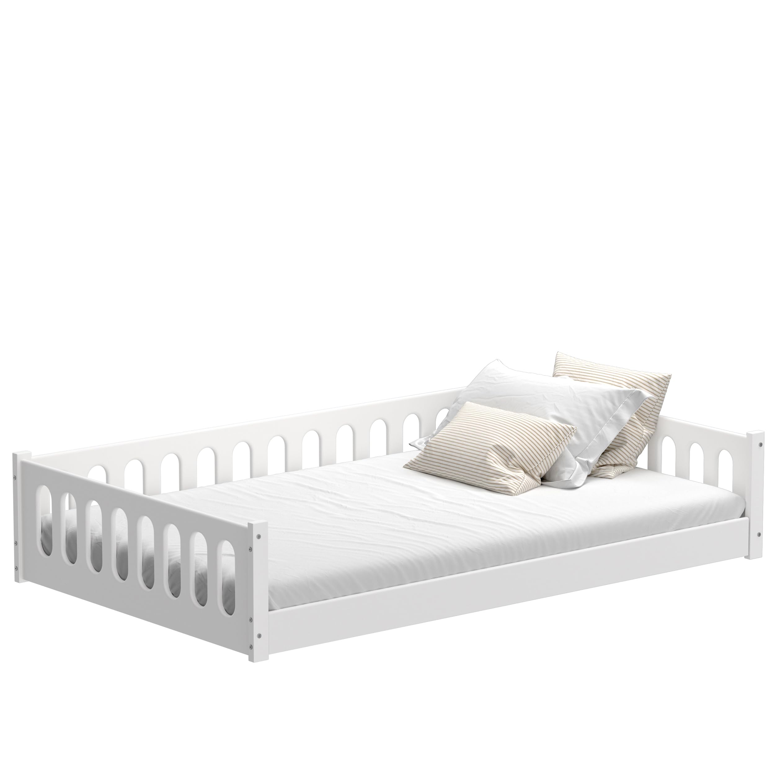 CADANI 2in1 Monte Bodenbett 120x200 cm Montessori Kinderbett weiß, Rausfallschutz abnehmbar, 42 kg schwer, bis 200 kg belastbar, extra starker Roll-Lattenrost, umbaubar
