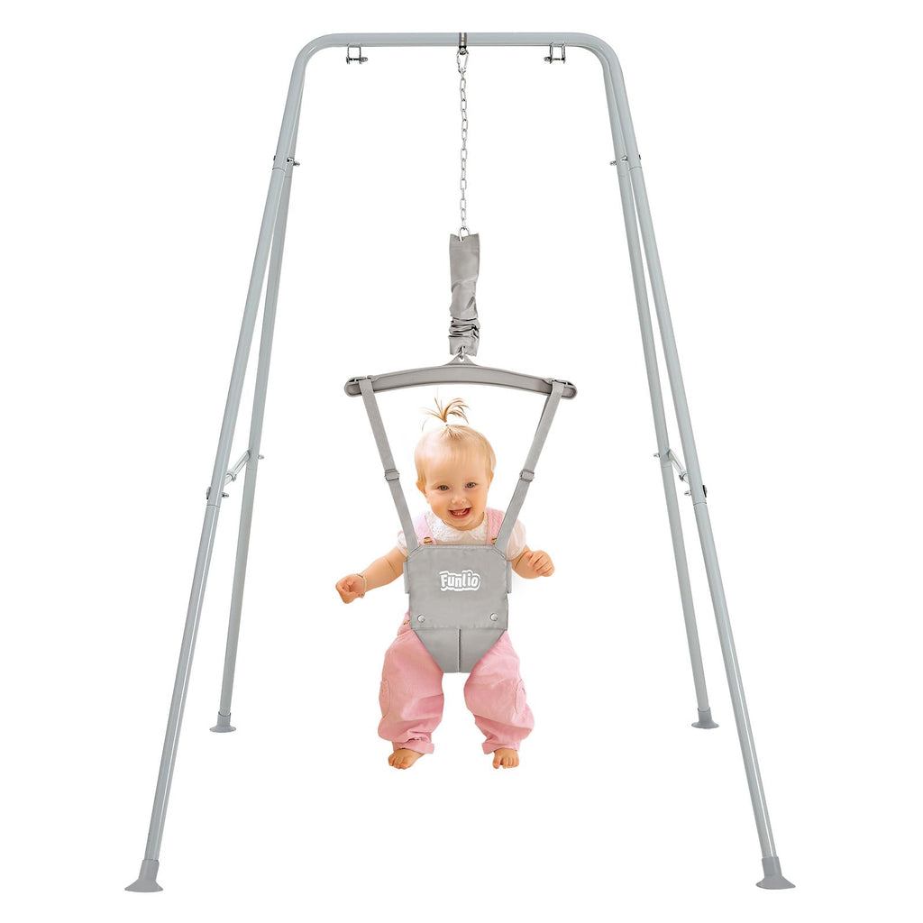 FUNLIO Baby Türhopser mit Ständer für 6–24 Monate, Baby Hüpfschaukel mit Gestell für Drinnen und Draußen, Tür Schaukel/Hängeschaukel für Kleinkinder mit Verstellbarer Kette, einfach zu Montieren-Grau