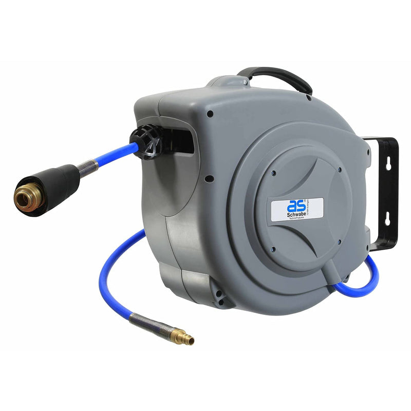 as - Schwabe automatische Druckluftschlauchtrommel 12 bar – 15 m PU-Schlauch, 1 m Anschlussschlauch - Aufroller mit Schlauchstopp und Schnell-Verschlusskupplung - massive Wandhalterung - Grau, 12613